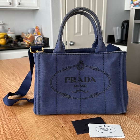 Prada Canapa canvas blue small tote with strap and card certificate - Picture 1 of 11